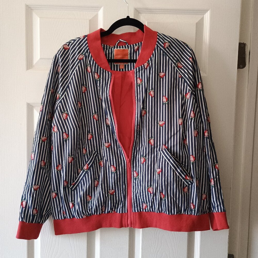 EUC ModCloth Mixer and Shaker Navy Striped with Strawberries Jacket Size 2XL